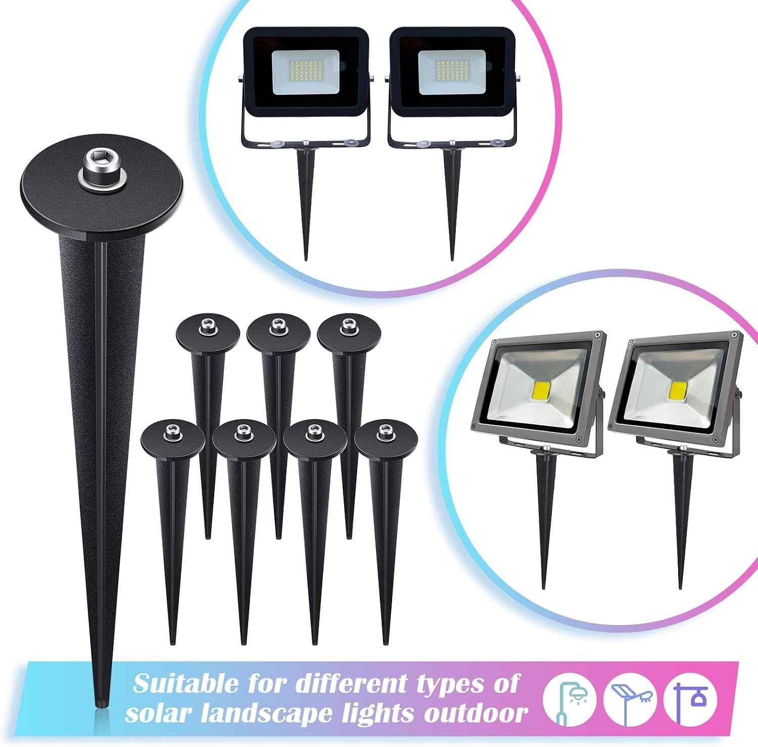 Zhengmy 8 Packs Flood Light Ground Stakes Metal Threaded for Solar,Black | Replacement Stakes with Hex Screws for LED Landscape Lights, 6.3 Inch Fits Gardens Yard Path Lawn Decorations, Metal
