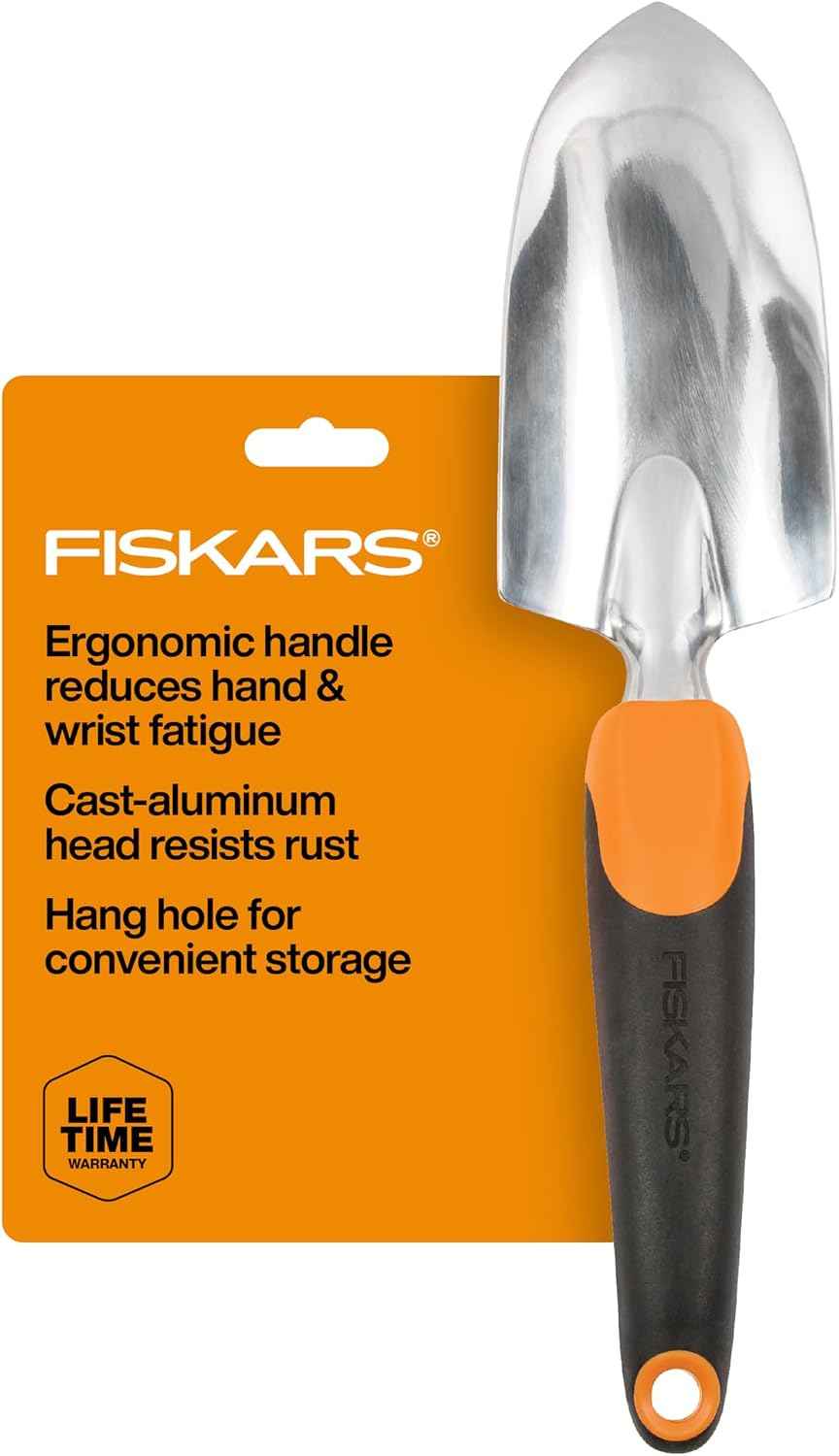 Fiskars Ergo Garden Trowel, Heavy Duty Hand Tool for Digging and Planting | Heavy-Duty Cast Aluminum Rust Resistant Head, Ergonomic Comfort Grip Handle, Hang Hole for Easy Storage, Yard Beds and Pots