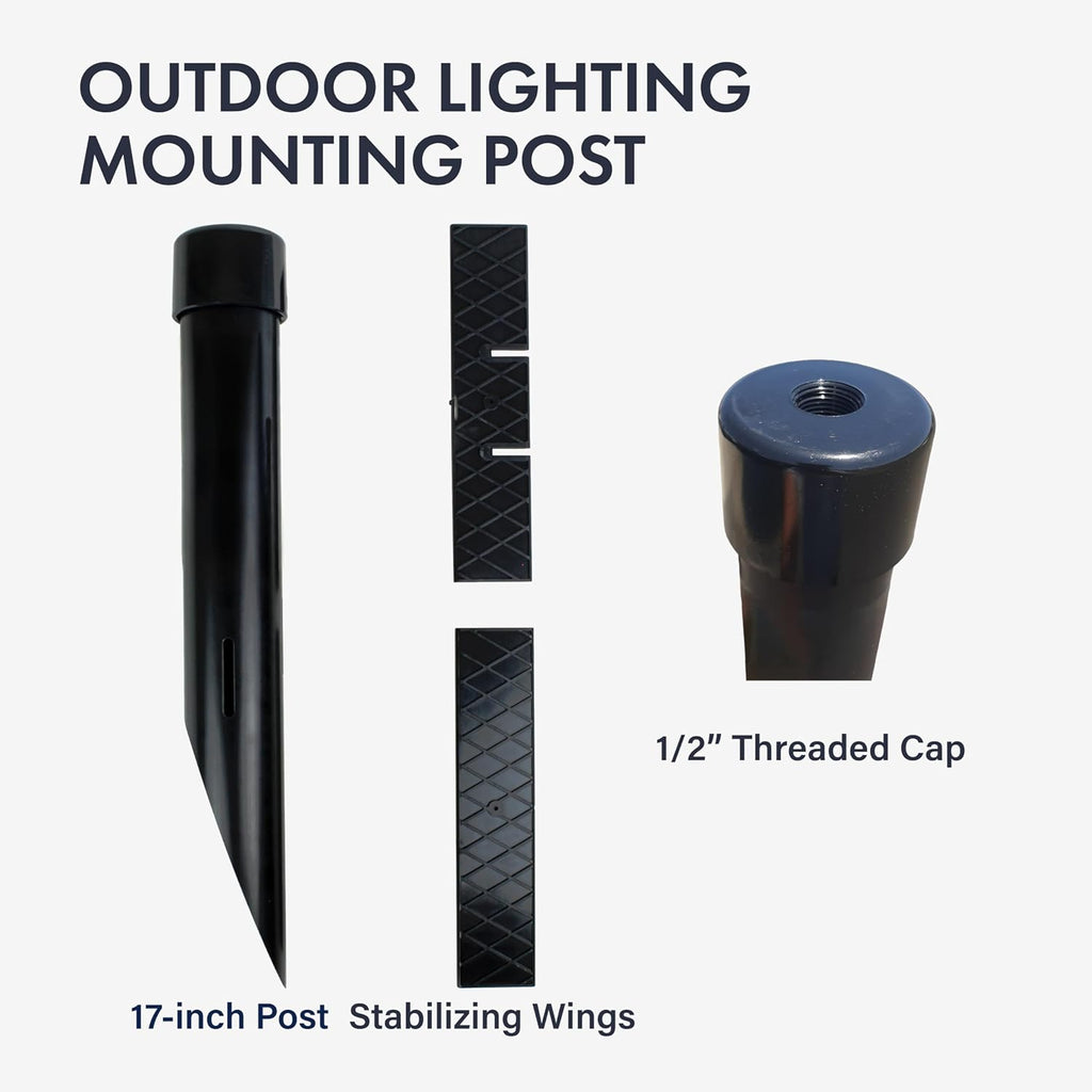 17" Outdoor Landscape Lighting Mounting Post – Heavy Duty ABS Ground Stake with Stabilizing Wings & 1/2" NPT Threaded Cap for Flood Lights, Spotlights & Outdoor Fixtures, MPOST17