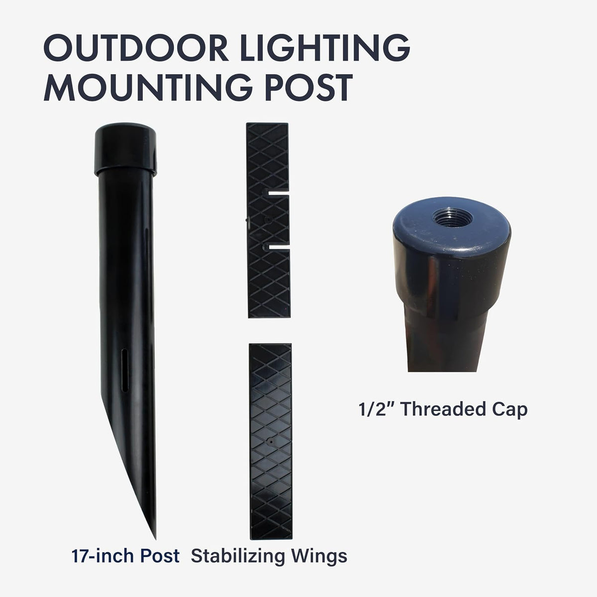 17" Outdoor Landscape Lighting Mounting Post – Heavy Duty ABS Ground Stake with Stabilizing Wings & 1/2" NPT Threaded Cap for Flood Lights, Spotlights & Outdoor Fixtures, MPOST17