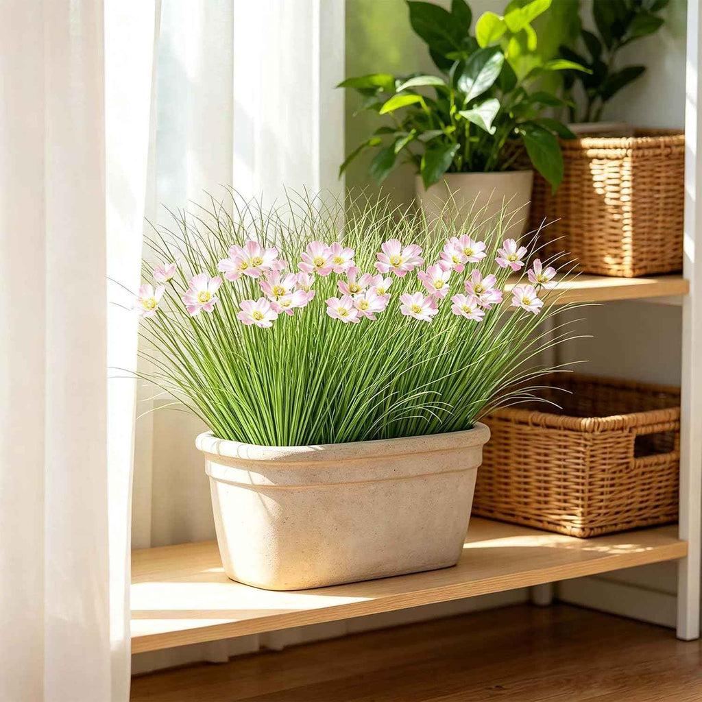 24 Bundles Artificial Onion Grass with Flowers Outdoor Tall Fake Shrubs | UXORSN UV Resistant Onion Grass with Pink Flowers Faux Greenery Stems Artificial Bushes for Garden Porch Window Box Decor