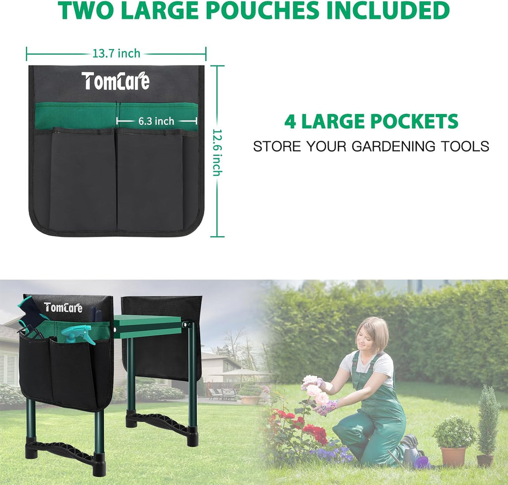 TomCare Garden Kneeler and Seat, 11.12" Kneeling Pad Sturdy Garden Bench | Heavy Duty Garden Stool, 450 lbs Load Capacity, 2 Tool Pouches, Foldable Design, Gardening Gift for Women, Men and Gardeners