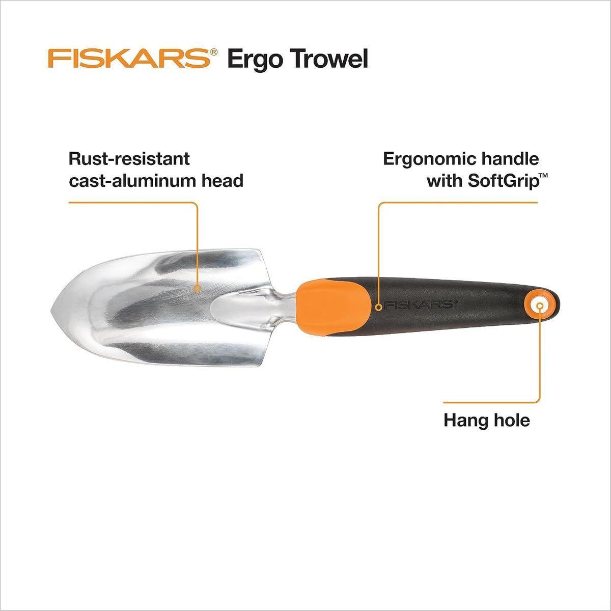 Fiskars Ergo Garden Trowel, Hand Tool for Digging & Planting, 6-Pack | Heavy-Duty Cast Aluminum Rust Resistant Head, Ergonomic Comfort Grip Handle, Hang Hole for Easy Storage, Yard Beds and Pots
