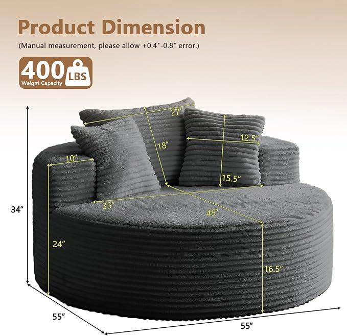 Oversized Round Chair Lounge Chaise Indoor, Upholstered Corduroy Deep Seat - Image 2