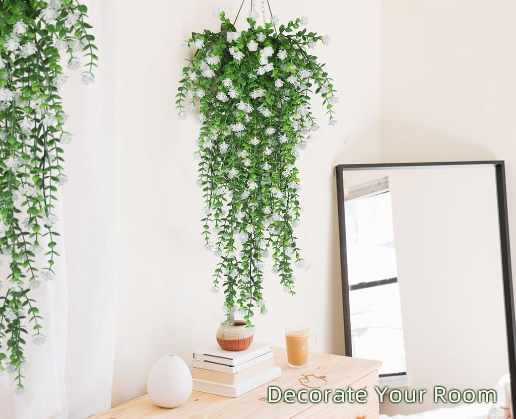 RECUTMS Artificial Hanging Plants Fake Hanging Vines Outdoor Faux Draping | Faux Eucalyptus Leaf Greenery Vine Outdoor UV Resistant Plastic White Flowers Home Garden Wedding Party Indoor Decoration,3Pc