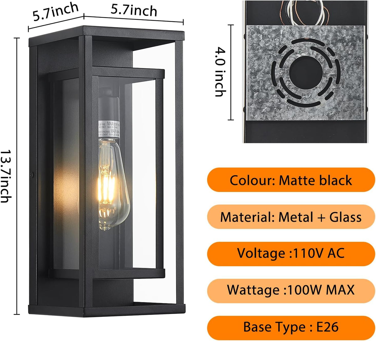 14" Black Outdoor Light Fixture, E26 Outdoor Wall Lantern 2-Pack | Exterior Lighting Fixtures, Waterproof Modern Front Porch Lights, Clear Glass Coach Lights, For Garage, Porch, Front Door