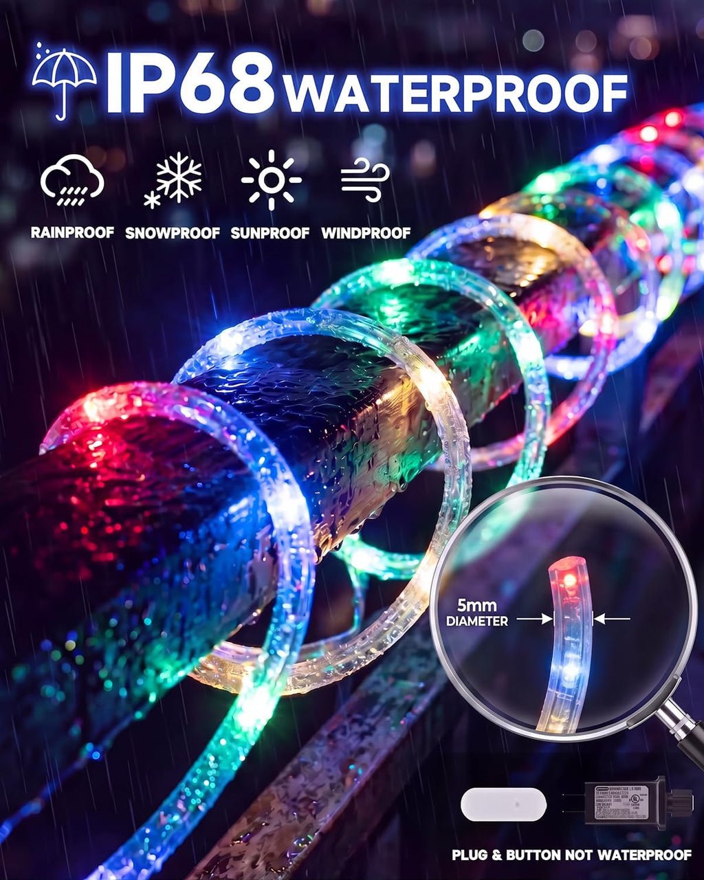 50FT Rope Lights for Outside,24 Colors Changing RGB LED Outdoor Rope Lights Waterproof with Plug & Remote,Red White and Blue Rope Lights for Camping Pool Bedroom Indoor Decor