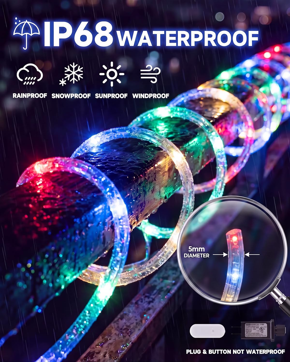 50FT Rope Lights for Outside,24 Colors Changing RGB LED Outdoor Rope Lights Waterproof with Plug & Remote,Red White and Blue Rope Lights for Camping Pool Bedroom Indoor Decor