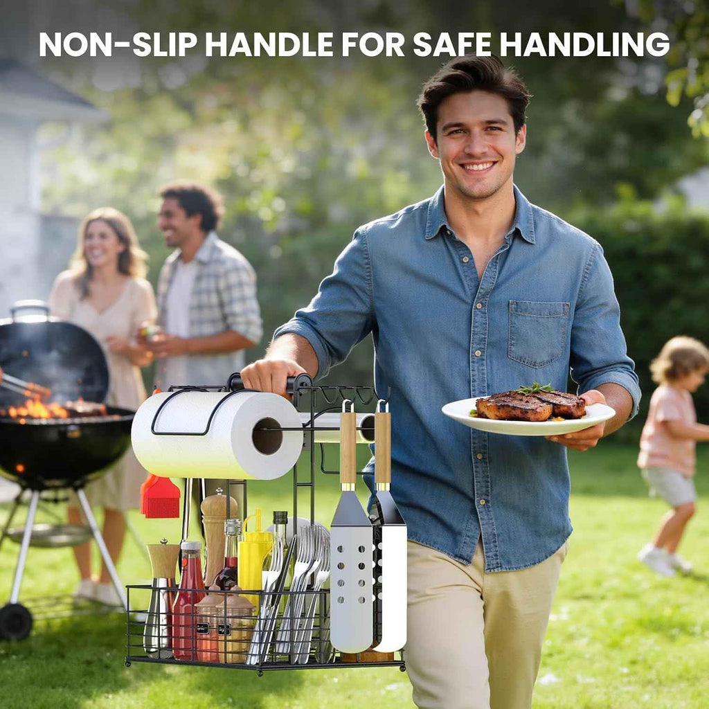 Grill Caddy for Outdoor Grill with 2 Paper Towel Holders,Barbecue Tool Sets Storage Organizer,BBQ Caddy for Outdoor Grill with 9 Compartments & 8 Hooks,Picnic Caddy Grilling Gifts for Men