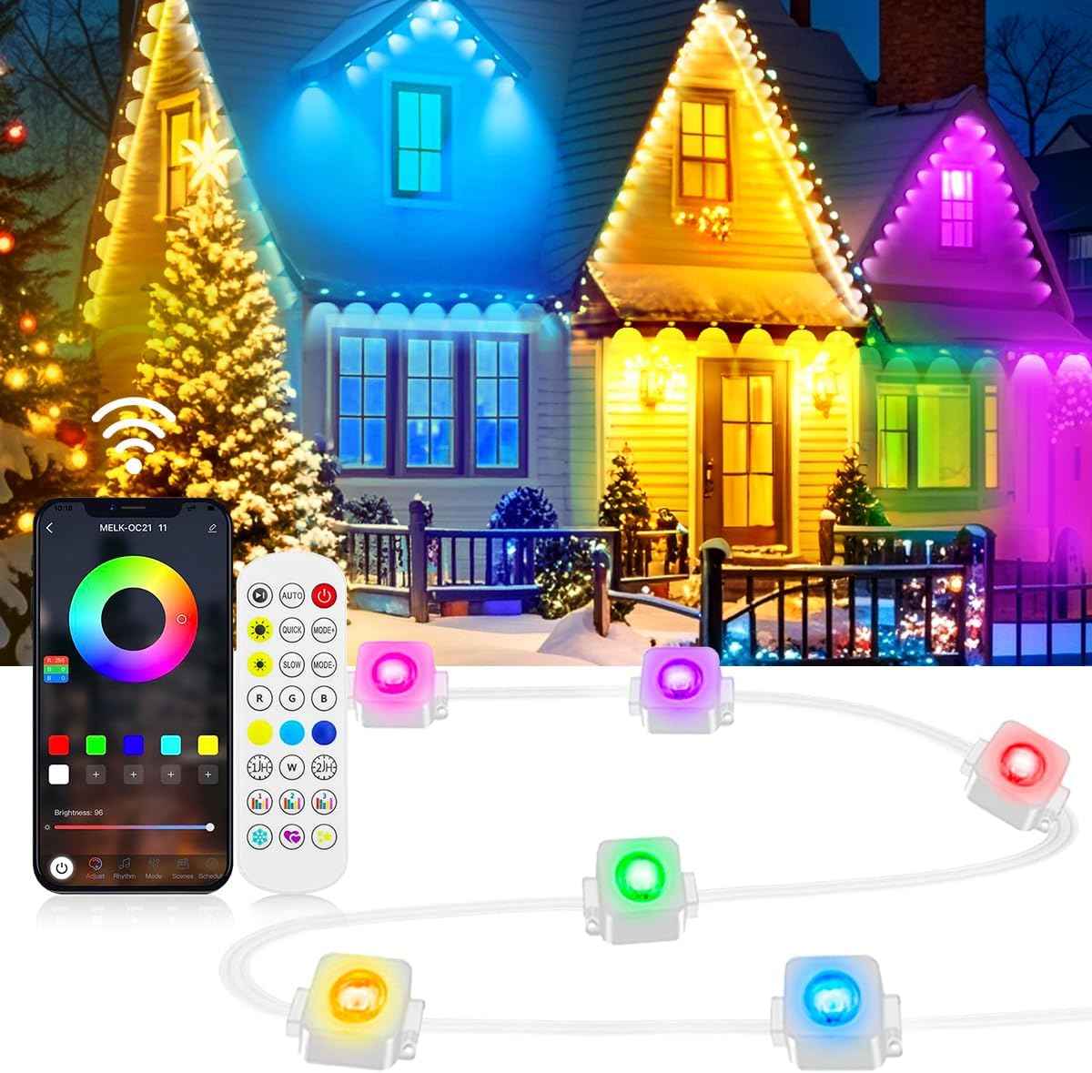RaThun Permanent Outdoor Lights, Smart Decor with 72 Scene Modes, 100ft with 60 LED Lights, IP67 Waterproof for Outdoor Decorations, Work with App & Remote