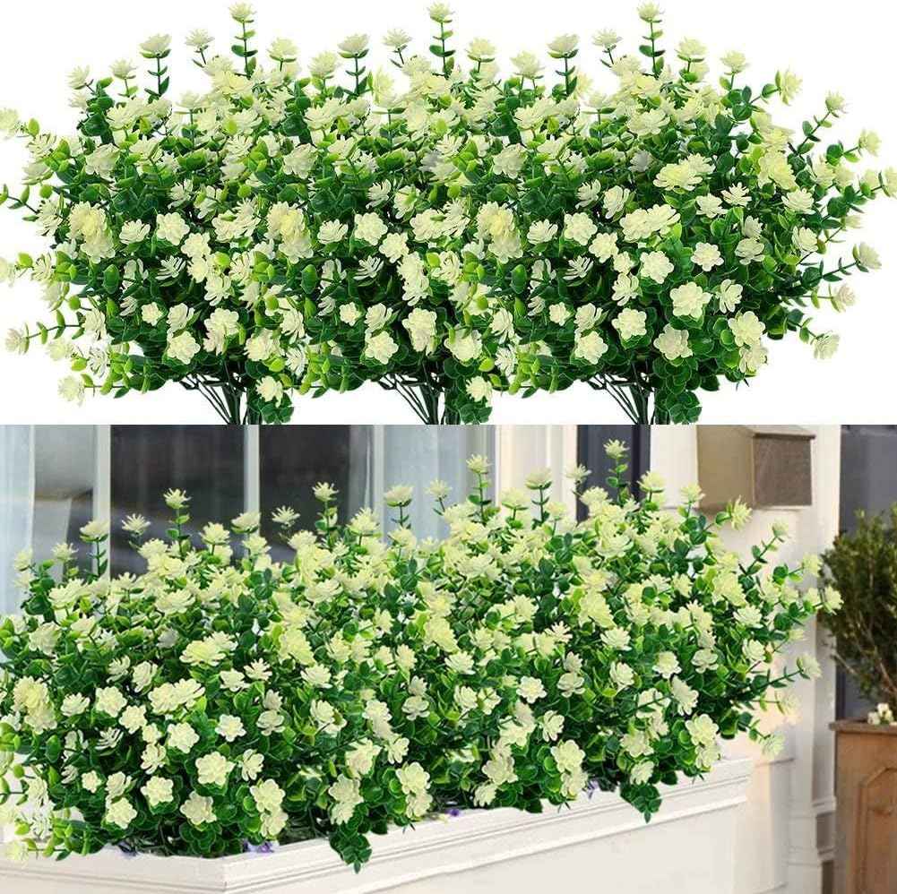 24 Bundles Outdoor Artificial Flowers UV Resistant Fake Boxwood Plants, Faux Greenery for Indoor Outside Hanging Plants Garden Porch Window Box Home Wedding Farmhouse Décor (Milk Green)