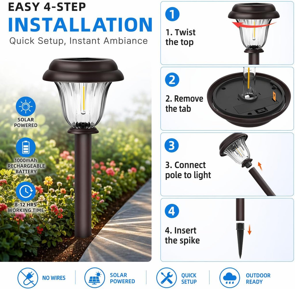 DERAYSION 8 Pack Solar Lights Outdoor, Stainless Steel Glass Solar Pathway Lights, Auto On/Off Long-Lasting Waterproof Garden Lights for Landscape, Path, Yard, Driveway, Walkway Decor (Warm White)