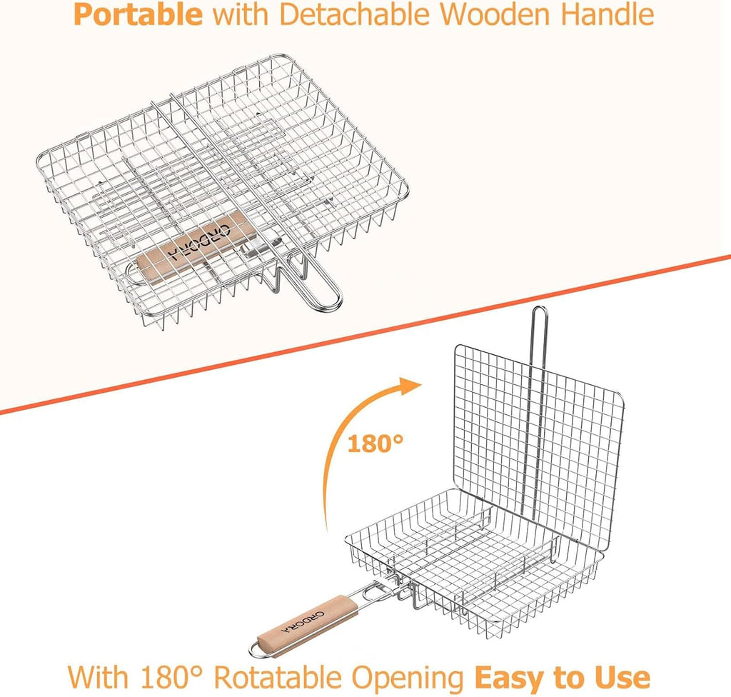 ORDORA Grill Basket Deep, Stainless Steel BBQ Grilling Baskets for Outdoor Grill, Fish Grilling Rack for Veggies, Meat, Shrimps, Grill Accessories with Detachable Handle, Gifts for Dad