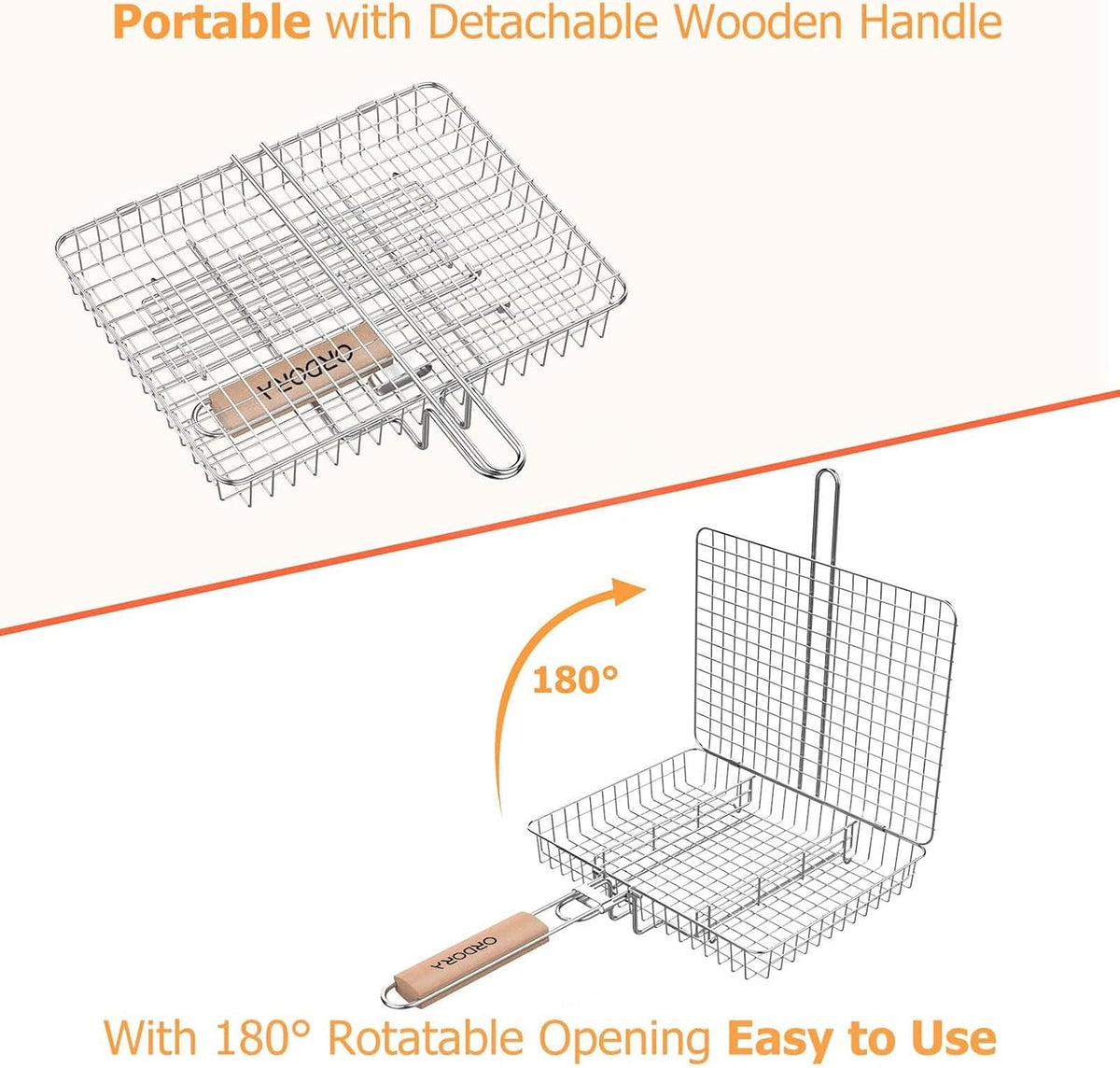 ORDORA Grill Basket Deep, Stainless Steel BBQ Grilling Baskets for Outdoor Grill, Fish Grilling Rack for Veggies, Meat, Shrimps, Grill Accessories with Detachable Handle, Gifts for Dad