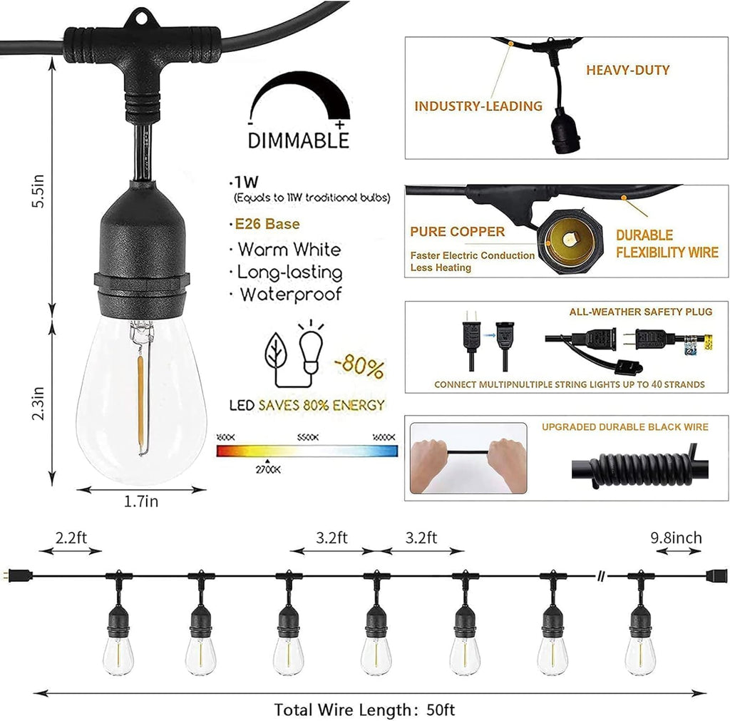 Svater Outdoor String Lights 105 FT Outside Waterproof Commercial Grade ETL | Patio Lighting with Shatterproof E26 S14 LED Dimmable Edison Bulbs, Hanging Strand for Bistro Cafe Backyard Warm White