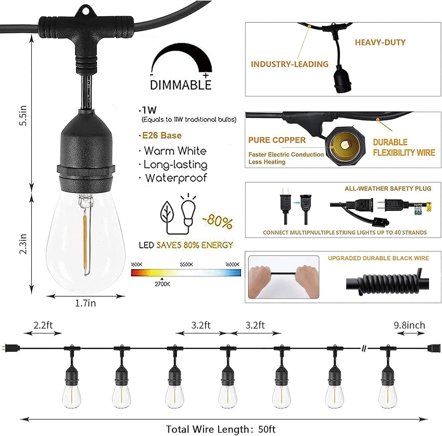 Svater Outdoor String Lights 105 FT Outside Waterproof Commercial Grade ETL | Patio Lighting with Shatterproof E26 S14 LED Dimmable Edison Bulbs, Hanging Strand for Bistro Cafe Backyard Warm White