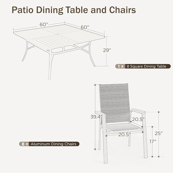 PHI VILLA 9 PCS Patio Dining Set, Aluminum Outdoor Furniture, Patio Table and - Image 7