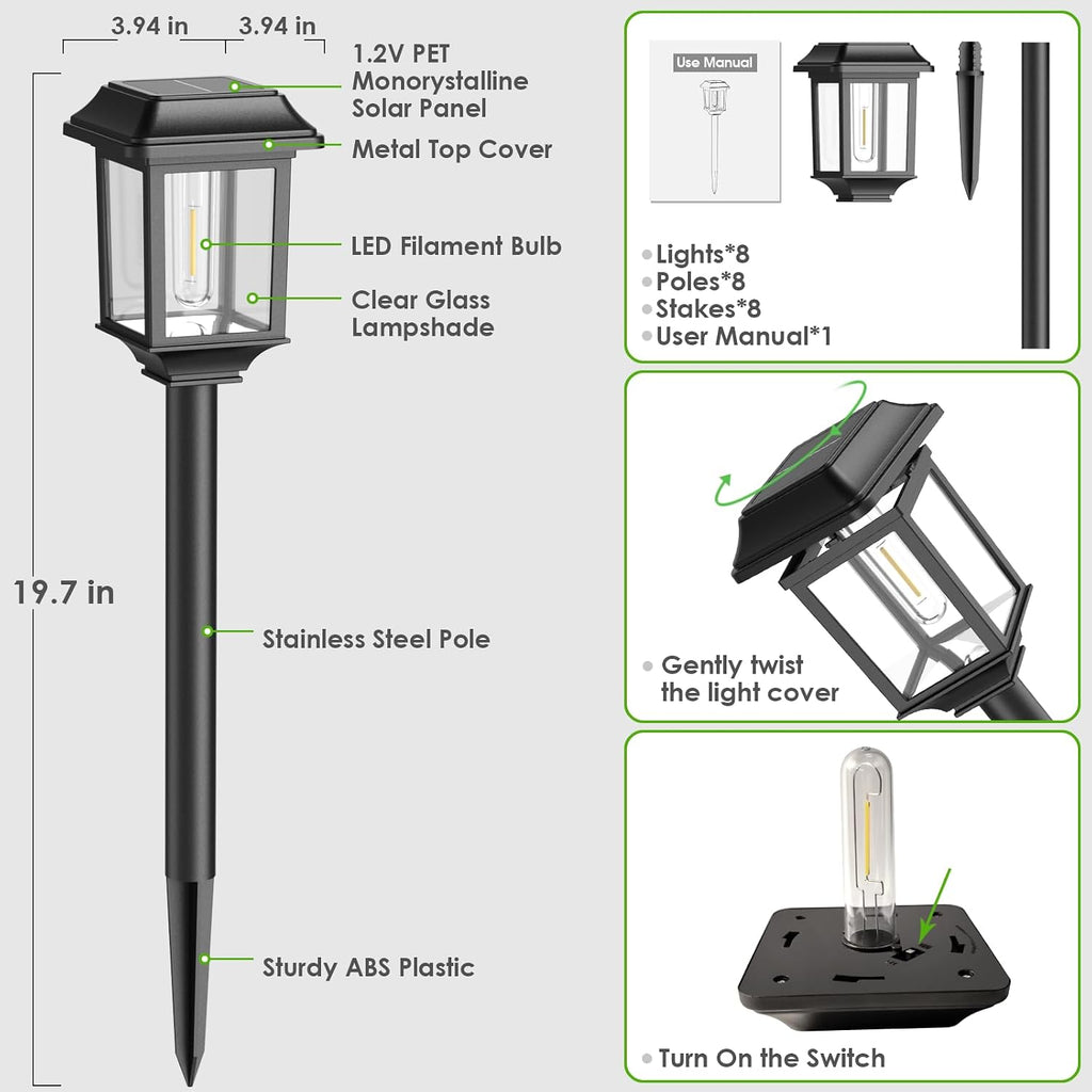 Mancra Solar Outdoor Lights Waterproof, 8 Pack Metal Glass Solar Pathway Lights Outdoor Lighting Garden Decor for Landscape Path Yard Patio Driveway (Warm White)
