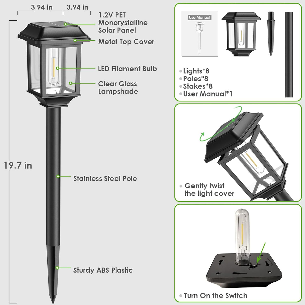 Mancra Solar Outdoor Lights Waterproof, 8 Pack Metal Glass Solar Pathway Lights Outdoor Lighting Garden Decor for Landscape Path Yard Patio Driveway (Warm White)
