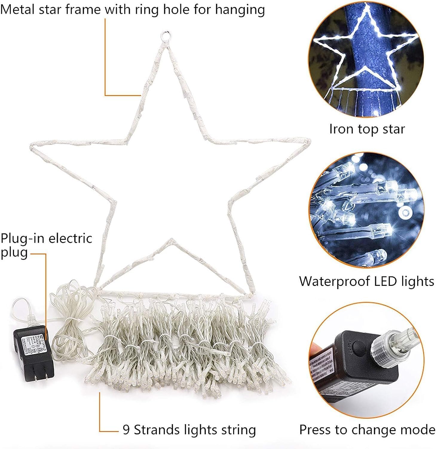 Christmas Decoration Lights, Outdoor Christmas String Lights 320 LED 11.5Ft Waterfall Tree Light with Big Star Topper Waterproof 8 Light Modes for Xmas New Year Holiday Yard Outdoor Indoor Decor