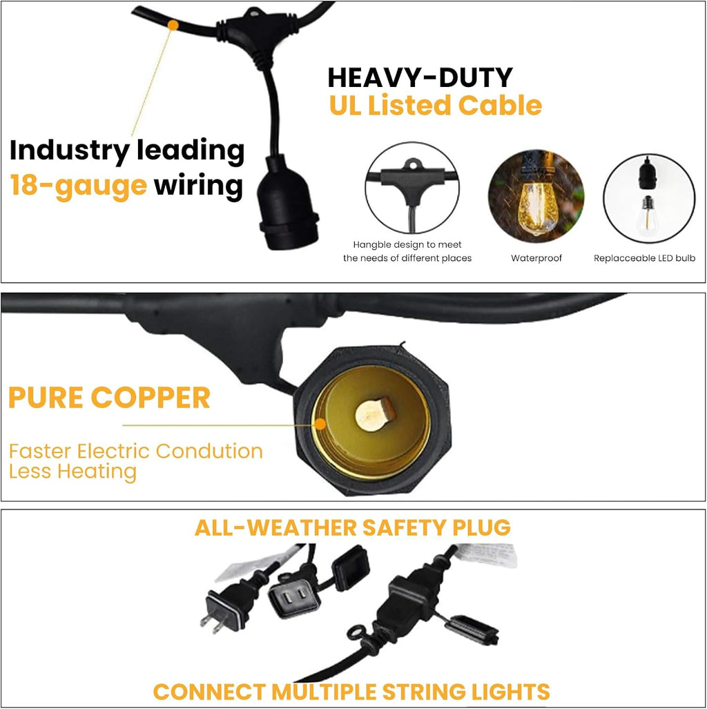 Svater 144 FT Outdoor String Lights 2W LED Outside Edison Waterproof ETL | Patio Light for Outside with 48 Antique S14 Bulbs, IP65 Hanging Bistro Cafe Market , Dimmable 2700K (48*3)