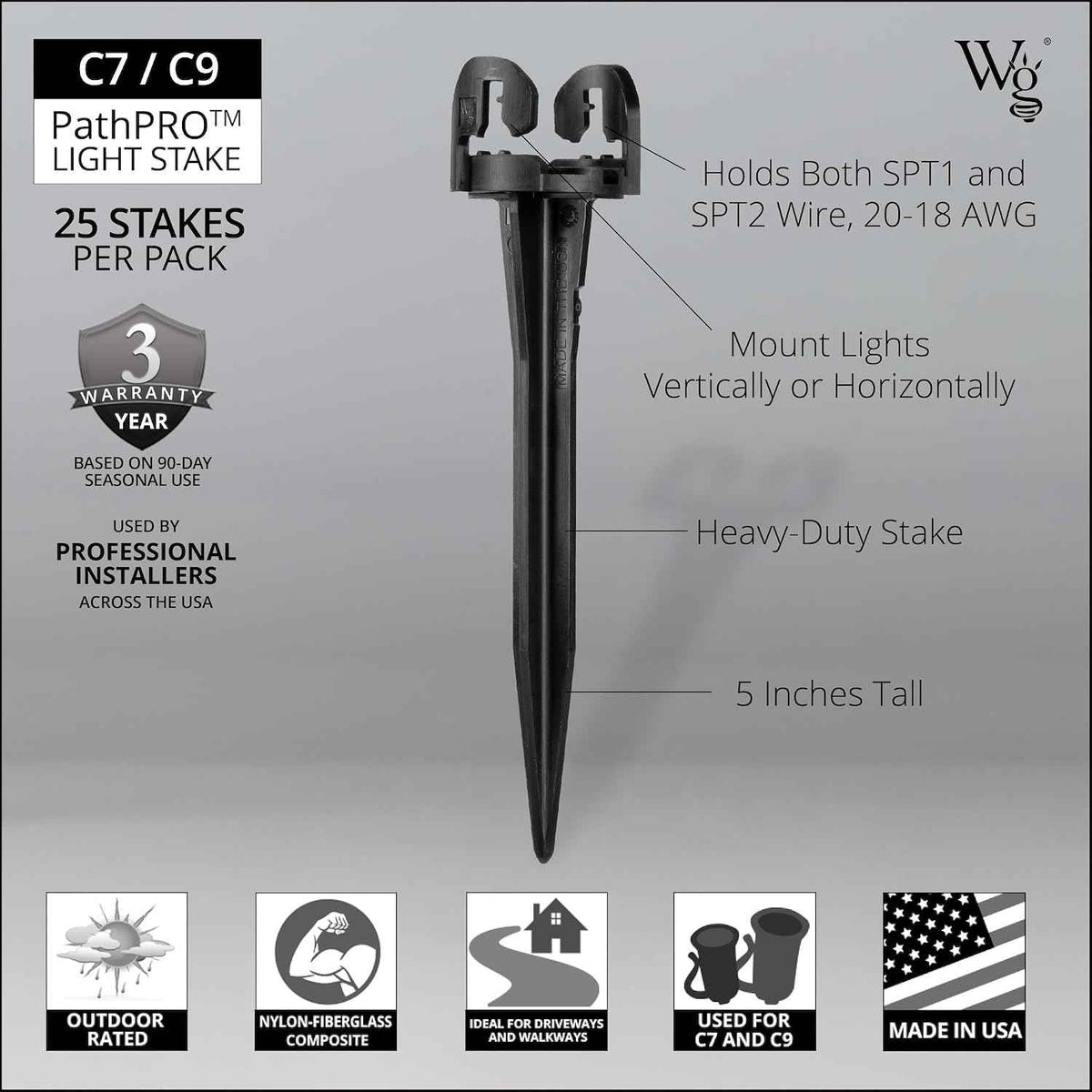 25-Pack PathPRO Christmas Light Stakes for Yard C9 or C7 Ground Stakes for Lights, Universal Light Stakes Heavy-Duty for Vertical or Horizontal Display, SPT1 or SPT2, 18 or 20 Gauge Wire – Made in USA