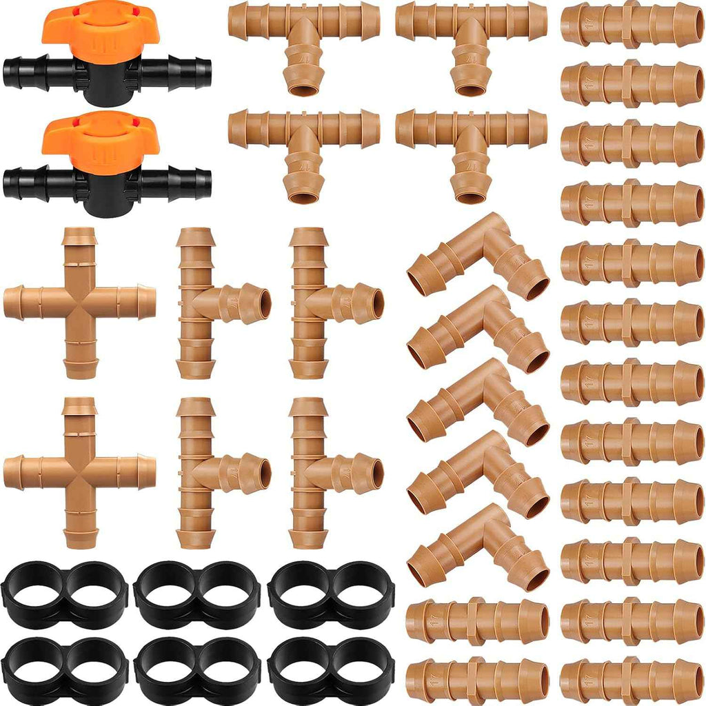 Drip Irrigation Fittings Kit for 1/2" Tubing, 37 Pieces 1/2 Inch Drip Line Connectors for Drip Sprinkler Systems - 14 Couplings, 8 Tees, 6 End Caps, 5 Elbows, 2 cross connectors and 2 drip valves