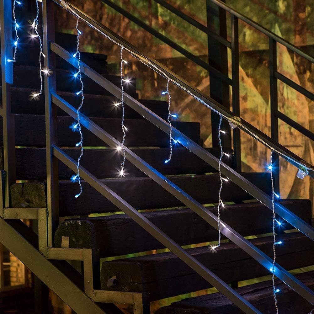 Christmas Icicle Lights Outdoor,300 LED 33FT Hanging String Lights | 50 Drops Connectable,8 Modes & Memory, Plug In Hanging Twinkle Lights for Bedroom,Curtain,Roof,Party,Xmas Decor,Blue White