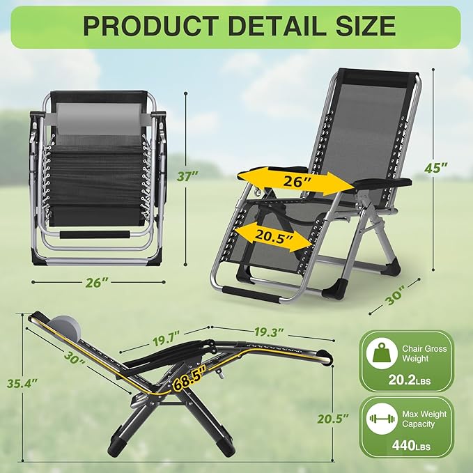 Suteck Zero Gravity Chair, Reclining Camping Lounge Chair w/Removable Cushion - Image 2