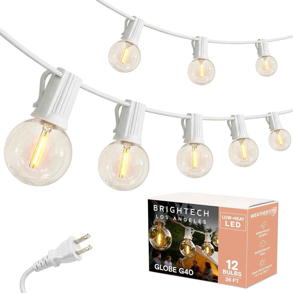 Brightech Ambience Pro LED String Lights - 26 Ft Commercial Grade Patio Lights Outdoor Waterproof - 12 Globe Porch String Lights for Outside, Backyard - 1W Vintage Edison Bulbs, Shine Bright, White