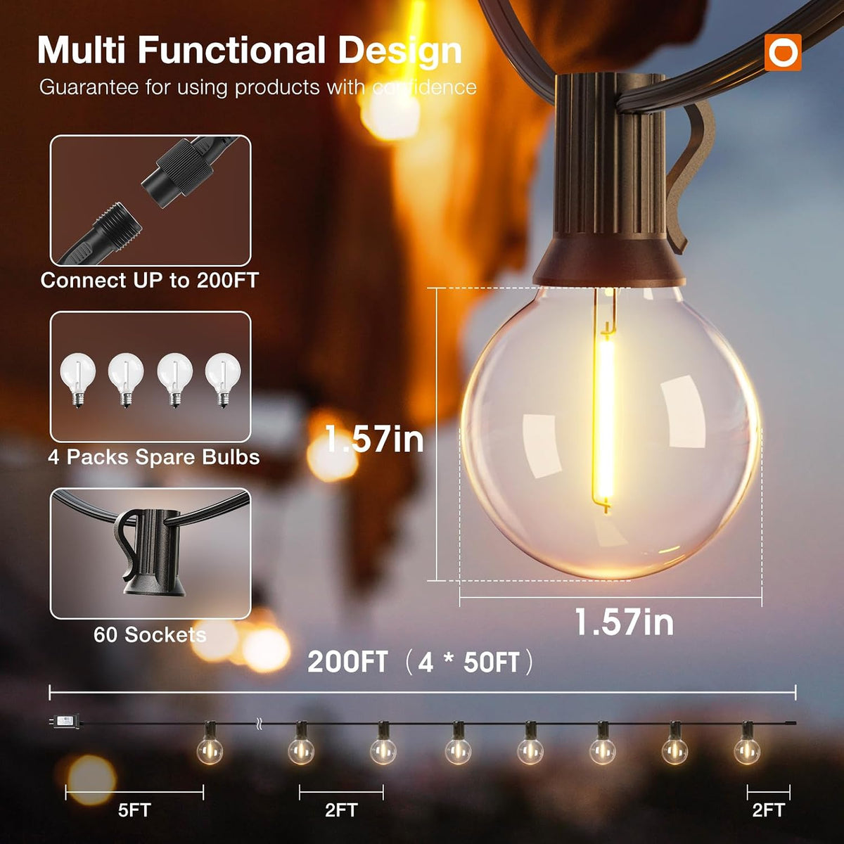 addlon 200FT Outdoor String Lights G40 LED Remote Dimmable Waterproof | Shatterproof Globe Bulbs Dimmable, Hanging Patio Lighting for Outside Backyard Garden Deck Balcony Porch Cafe Bistro Pergola