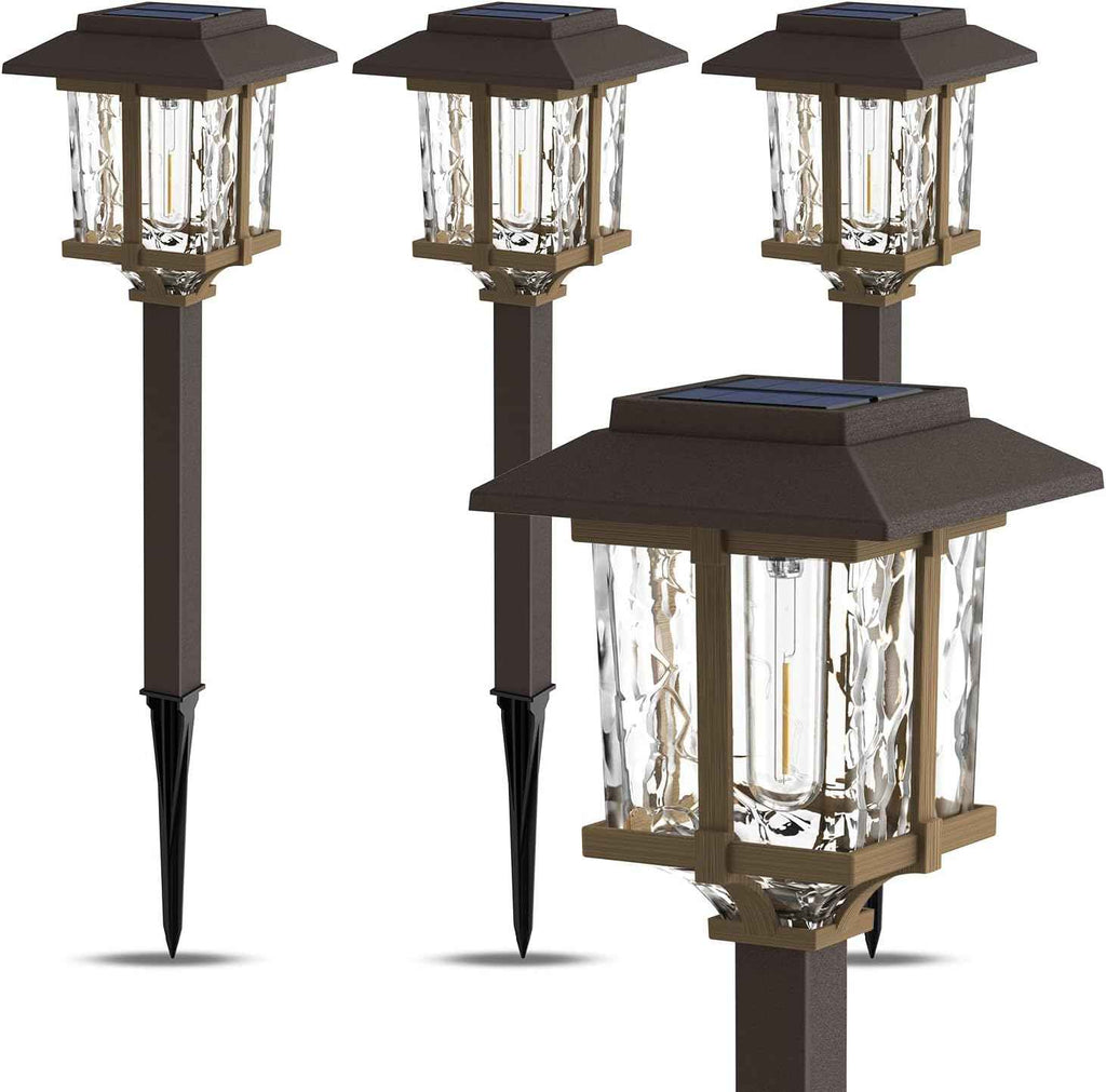 XMCOSY+ Solar Pathway Lights Outdoor 4 Pack, Warm White Solar Garden Lights | IP65 Waterproof, 2-Tone Stainless Steel & Glass, LED Edison Glow Landscape Lighting for Walkway Yard Patio Driveway Decor