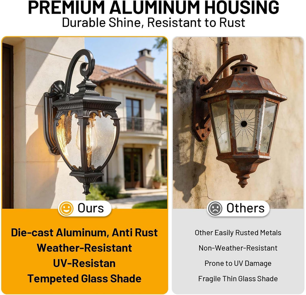Porch Lights Outdoor Wall Lights Exterior Sconce Light Fixtures | 18.7" Aluminum Outdoor Wall Lantern with Seeded Glass, Waterproof Black Exterior Light Fixtures for Porch House Outside Patio