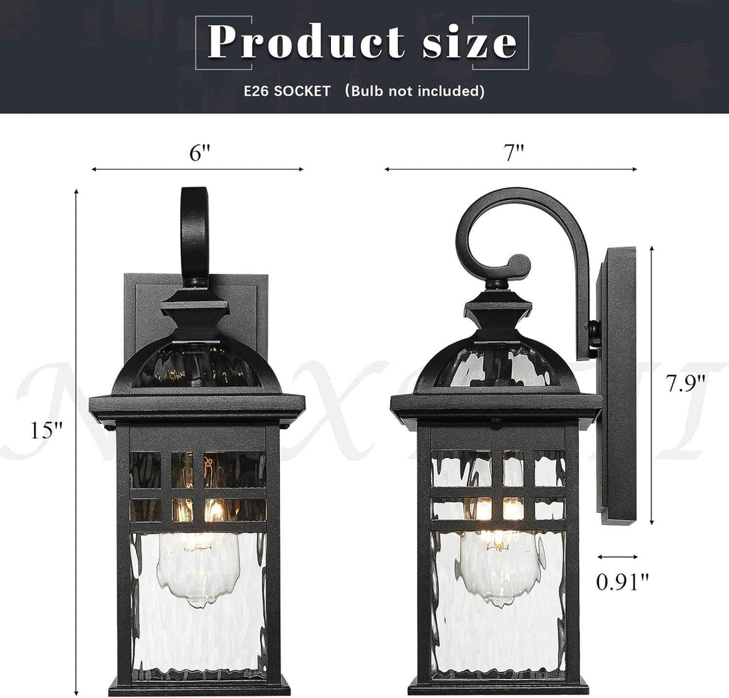 Porch Lights Outdoor Lighting Exterior Lighting Fixture | 15 Inch Height Black Outdoor Wall Lights Water Ripple Glass, E26 Socket