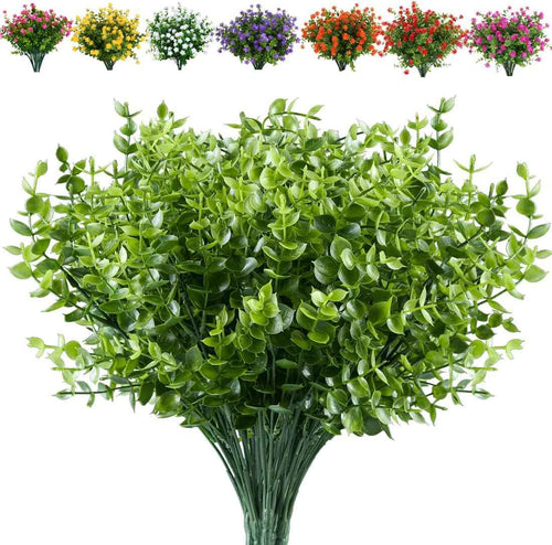 12 Bundles Artificial Eucalyptus Plant Fake Boxwood Shrubs UV Resistant No Fade Faux Greenery for Home Garden Hanging Planter Indoor Porch Patio Office Wedding Decoration(Green)