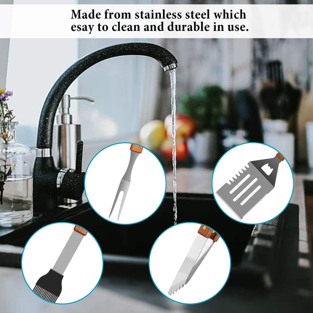 IMAGE Wooden BBQ Accessories Grilling Tools,Stainless Steel BBQ Tools Grill Utensils Set for Outdoor Grill, Cooking, Backyard Barbecue & Camping Gift for Man Dad Women Barbecue Enthusiasts Set of 4