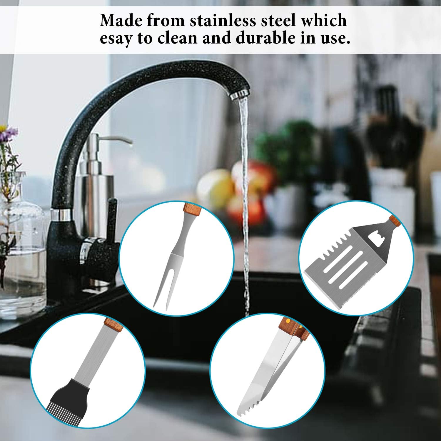 IMAGE Wooden BBQ Accessories Grilling Tools,Stainless Steel BBQ Tools Grill Utensils Set for Outdoor Grill, Cooking, Backyard Barbecue & Camping Gift for Man Dad Women Barbecue Enthusiasts Set of 4