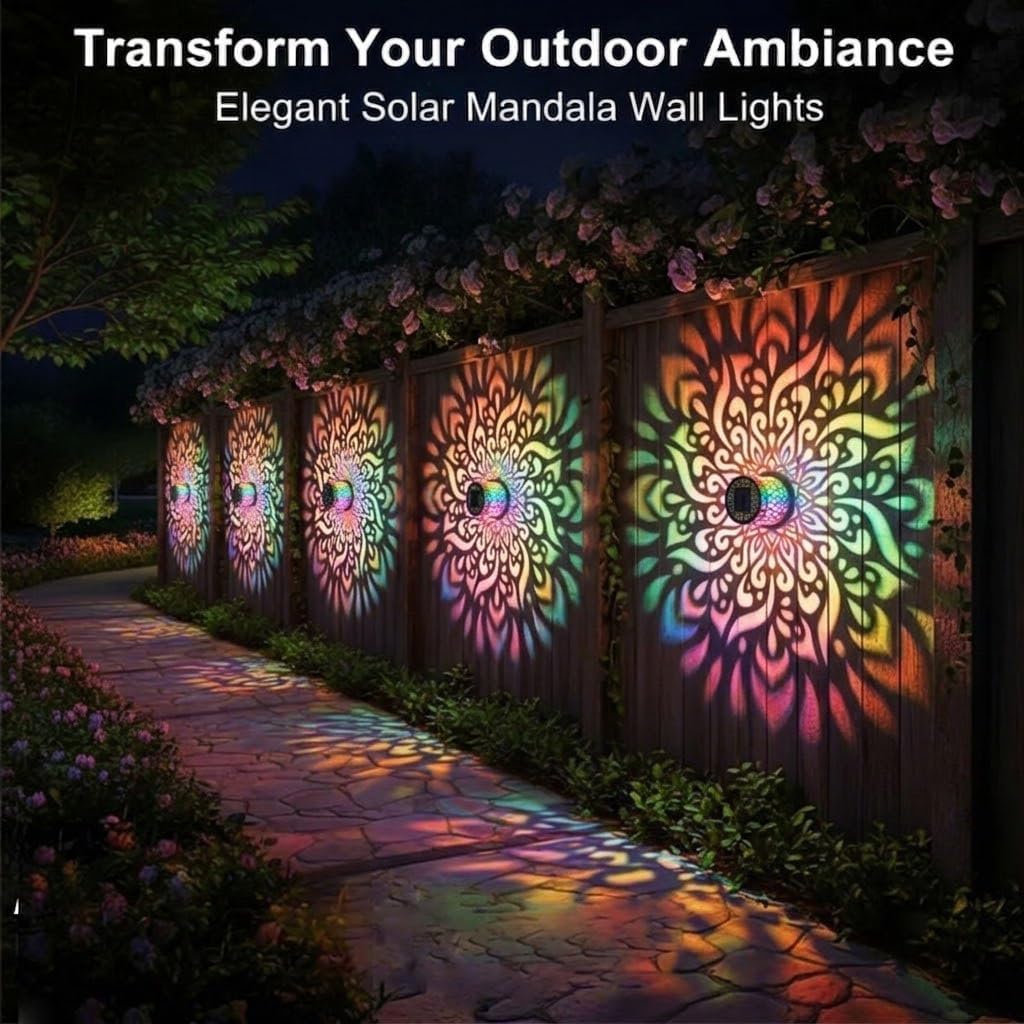 Solar Mandala Fence Lights Waterproof Outdoor Color Changing 1 Pack | 7 Color Changing Mandala Solar Lights Outdoor, Waterproof Solar Powered Wall Lights for Patio Yard Backyard Porch Fence Decor