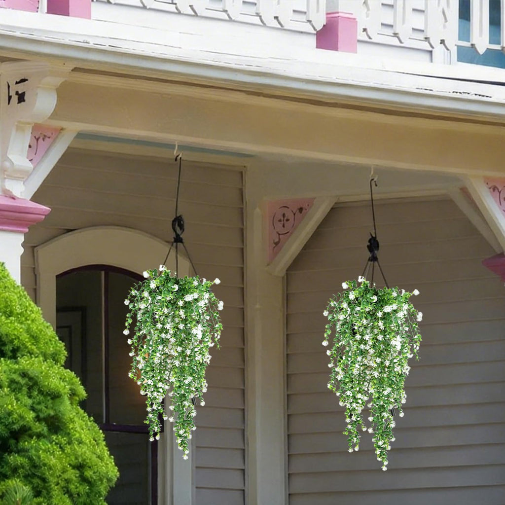 Artificial Hanging Plants, 3PCS Greenery Stems Fake Hanging Plant Eucalyptus Leaves Vine UV Resistant Plastic Plants for Porch Garden Wedding Indoor Outdoor Decor(White)