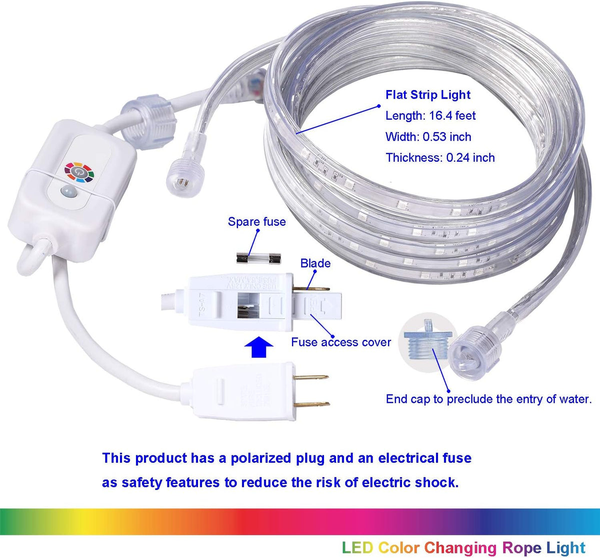 Outdoor 16.4ft RGB Rope Lights, 120V Remote IP65 Decor | 150 LEDs, 8 colors, 6 modes, IR remote, dual-fuse ETL plug; connects up to 65.6ft