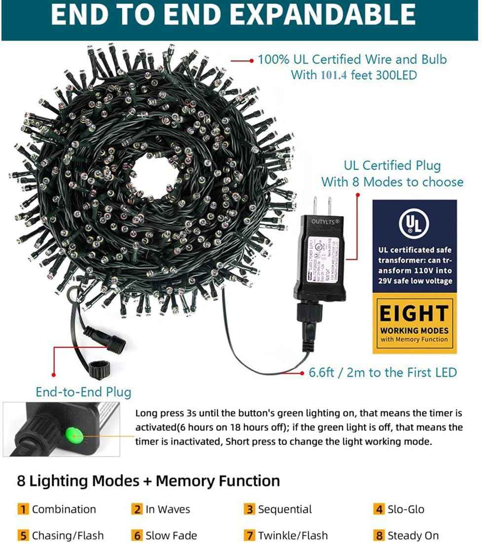 300 LED 108FT 8Modes Christmas String Lights Christmas Tree Lights | End-to-End Plug IP55 Outdoor Waterproof UL Certificated Indoor Patio Wedding Christma Trees Parties Decoration Multicolor