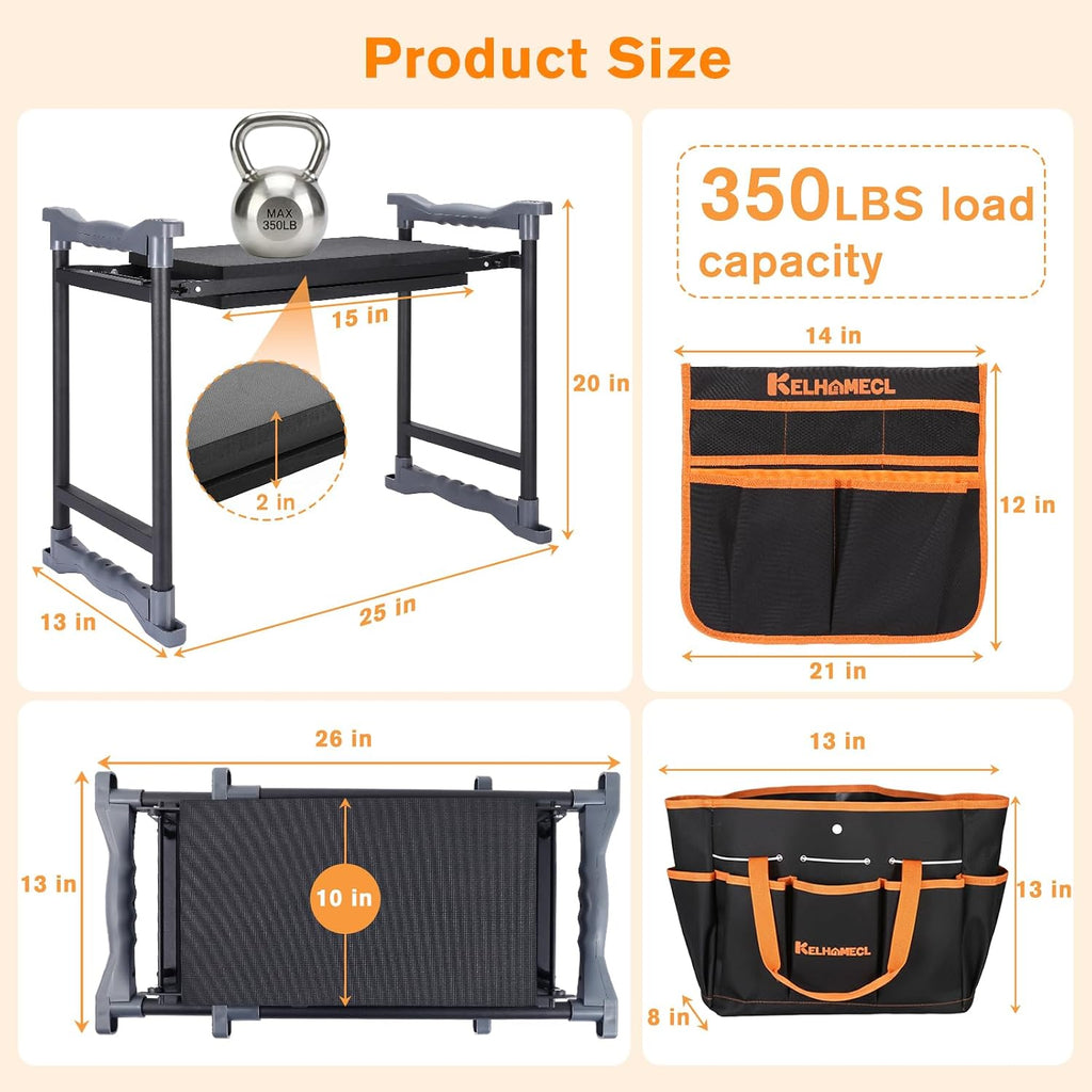 Garden Kneeler and Seat, Extra Wide Thick EVA Pad, Heavy Duty Foldable Garden Bench Holds 350lbs, Ergonomic Kneeling Stool with Garden Tool Pouches, Gardening Gifts for Women, Men & Seniors