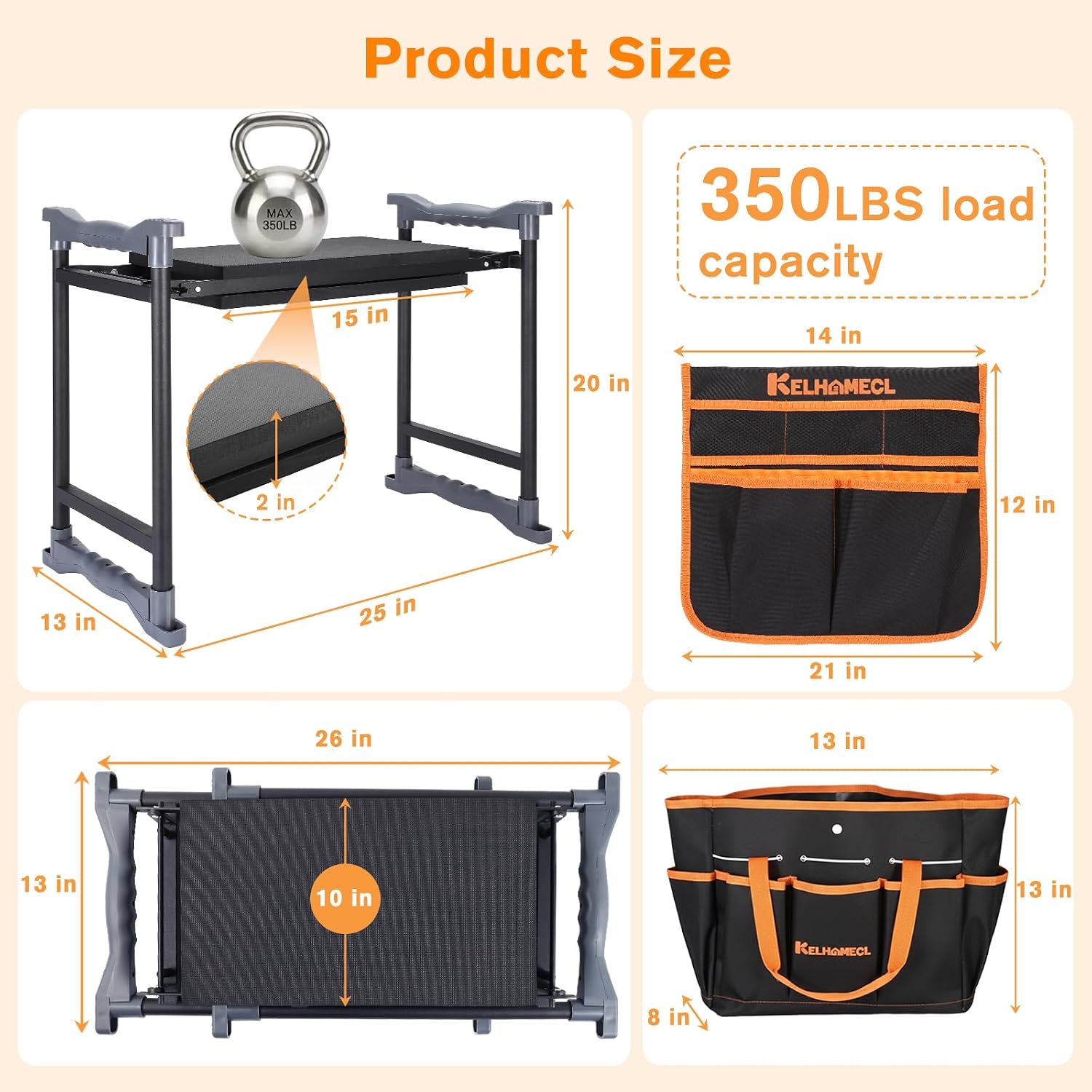Garden Kneeler and Seat, Extra Wide Thick EVA Pad, Heavy Duty Foldable Garden Bench Holds 350lbs, Ergonomic Kneeling Stool with Garden Tool Pouches, Gardening Gifts for Women, Men & Seniors