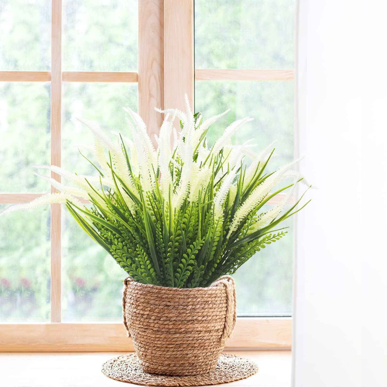 Grunyia 10 Bundles Artificial Plants Outdoor Fake Grass with Flowers UV Resistant Greenery Garden Porch Window Box Decorating (White)