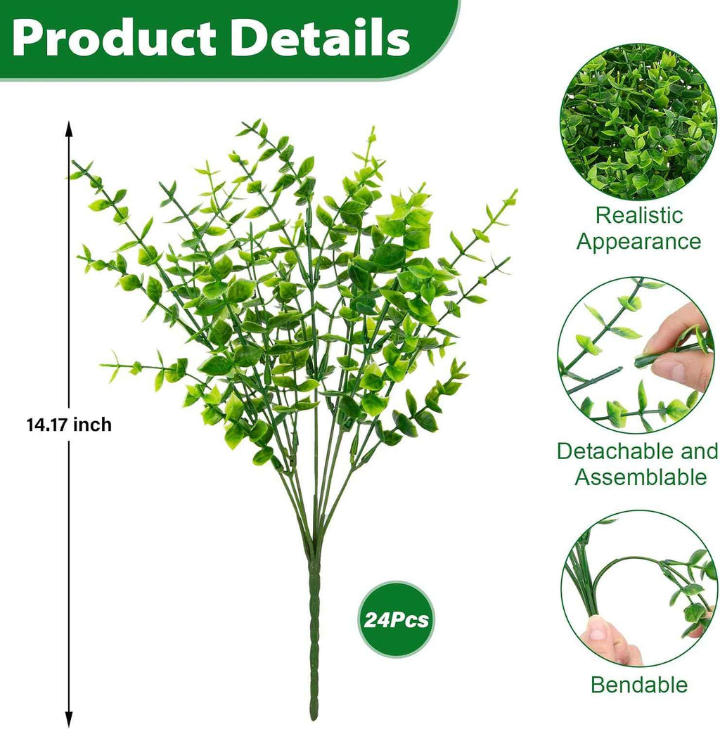 24 Bundles Fake Plants Artificial Greenery Stems for Outdoors | UV resistant, faux eucalyptus, plastic plants, no maintance, indoor outdoor garden farmhouse porch patio windowbox home decor