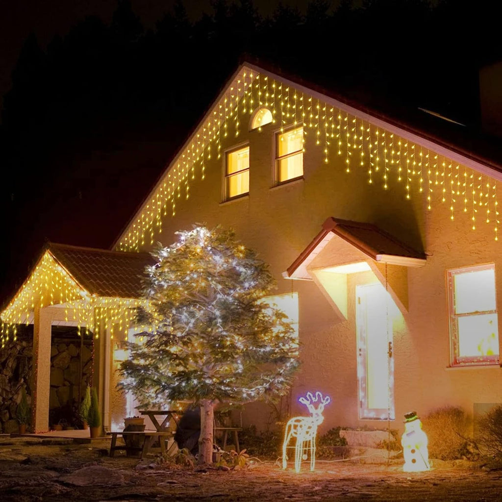 304 LED Solar Christmas Icicle Lights Outdoor Decorations, 8 Modes Waterproof Icicle Fairy Lights for Outside Holiday, Patio, Balcony, Christmas, Window, House Eaves Decorations, Warm White