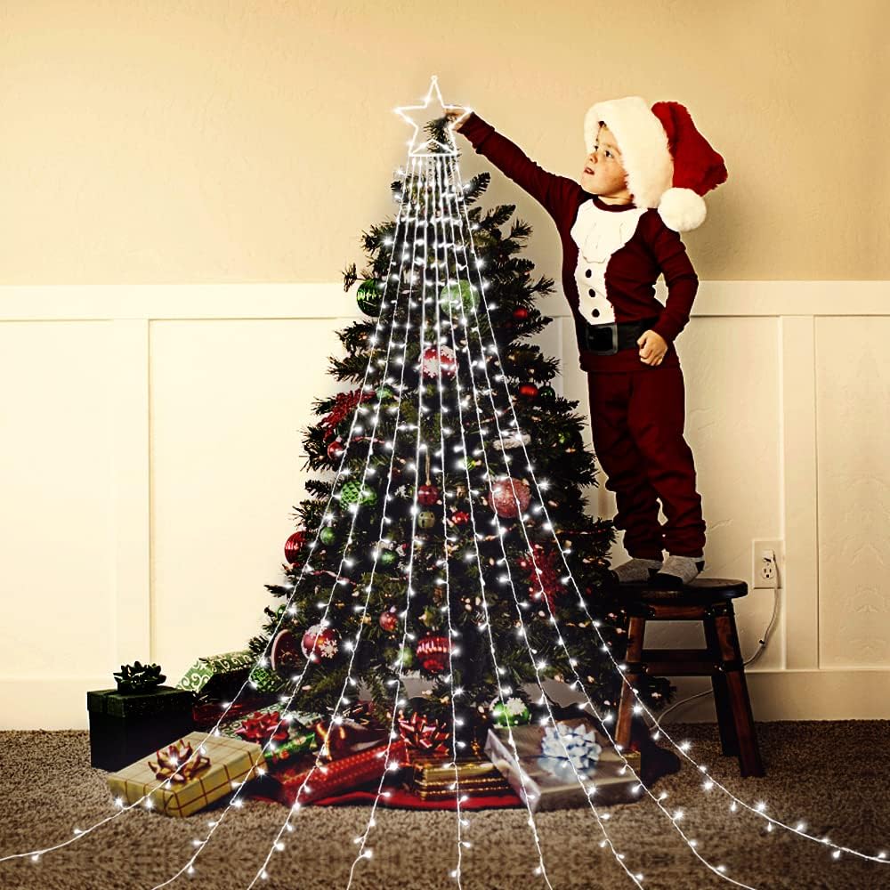 Christmas Decoration Lights, Outdoor Christmas String Lights 320 LED 11.5Ft Waterfall Tree Light with Big Star Topper Waterproof 8 Light Modes for Xmas New Year Holiday Yard Outdoor Indoor Decor
