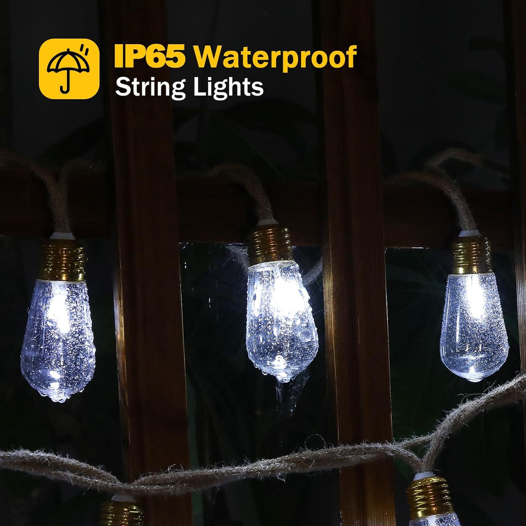 (New) Outdoor String Lights, 24FT LED Patio String Lights, UL-Plug Waterproof 8 Modes Rustic Hemp Rope String Lights, Shatterproof Plastic Bulbs for Backyard, Garden, Porch, Wedding, Christmas Decor