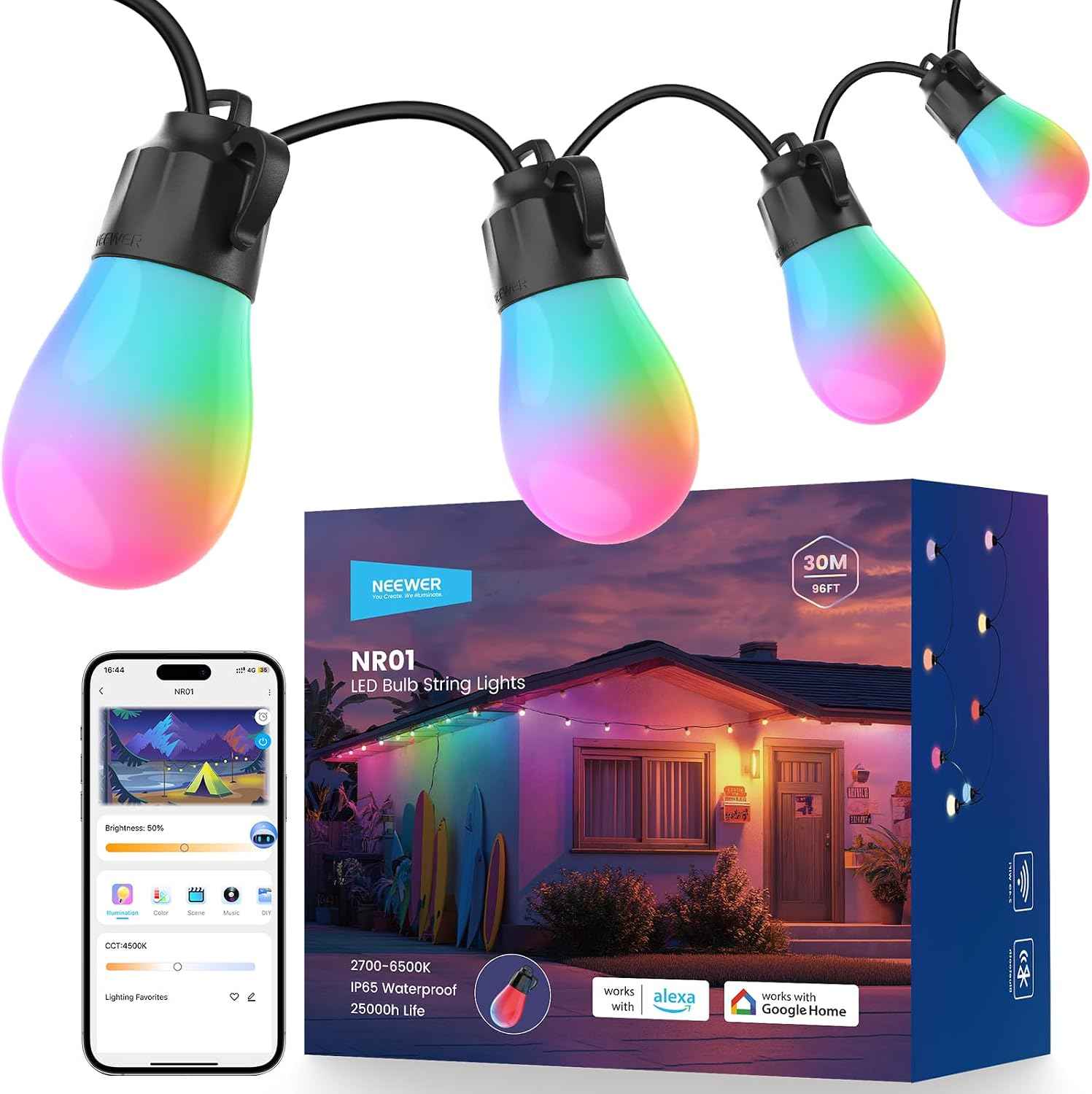 NEEWER 96ft Outdoor String Lights, App Control Smart AI RGB IC W Hanging Outside Warm White Patio Balcony Backyard Lighting, IP65 Waterproof, 30 LED Bulbs,50+ Scenes, Compatible with Alexa Google,NR01