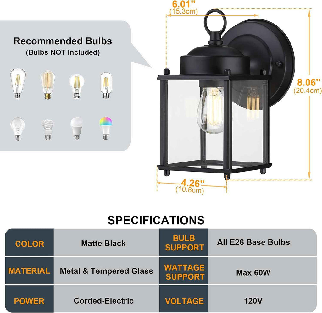 GRUENLICH Outdoor Wall Light Fixture, Clear Glass, Black, 2 Pack | Exterior Porch Light Wall Sconce Lantern for House, Patio, Garage, Anti-rust Metal, E26 Socket 60W Max